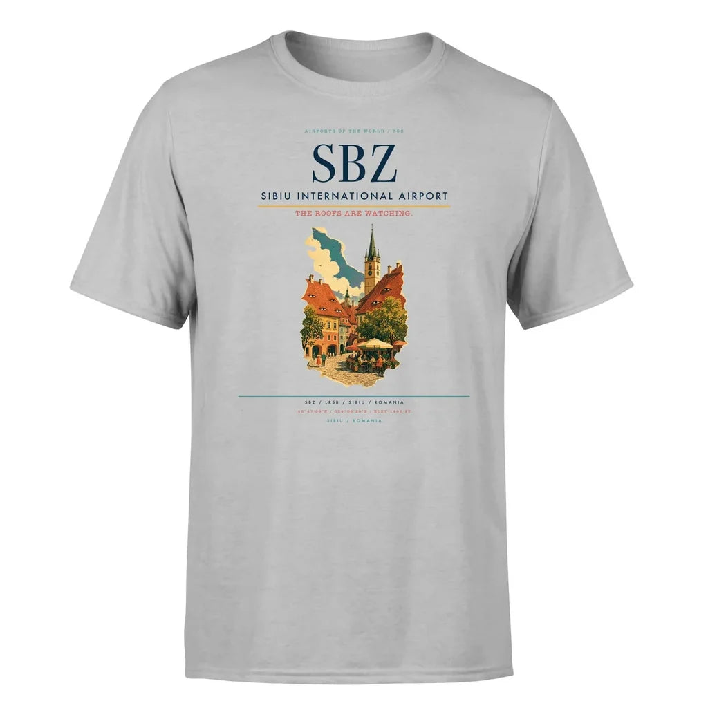 Sibiu International Airport (SBZ) T-Shirt single-side front print in Light Gray | sibiu-international-airport-sbz-double-side-t-shirt