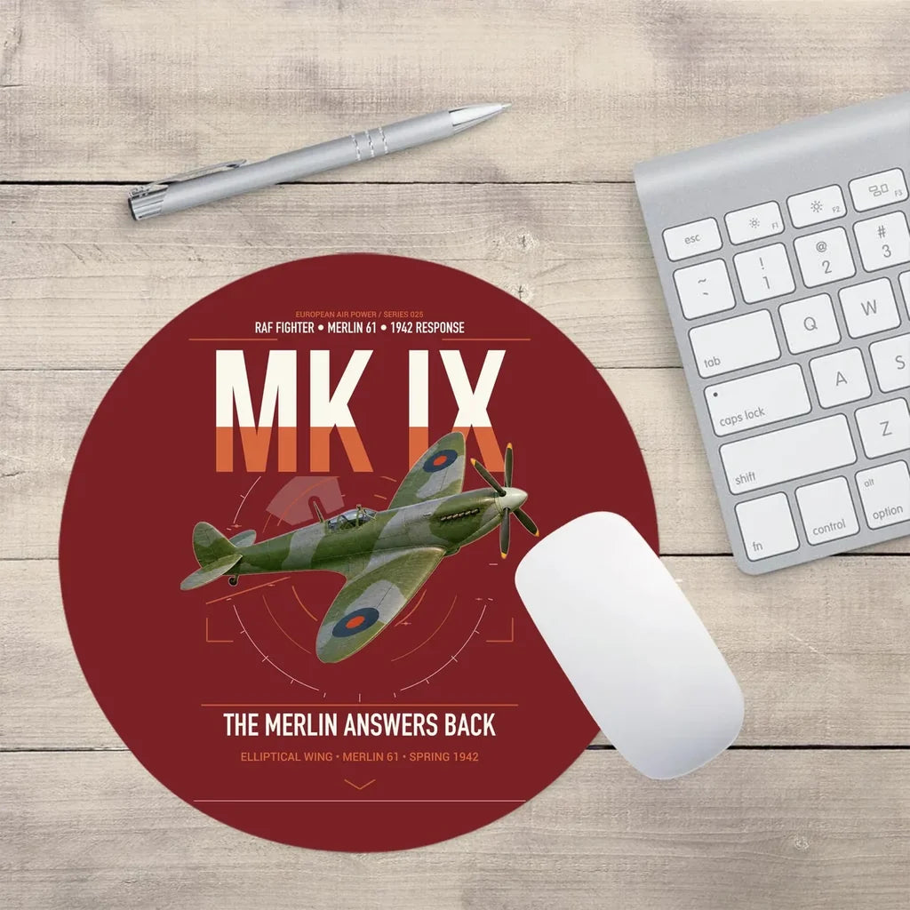 Supermarine Spitfire Mk IX design on dark red round mouse pad