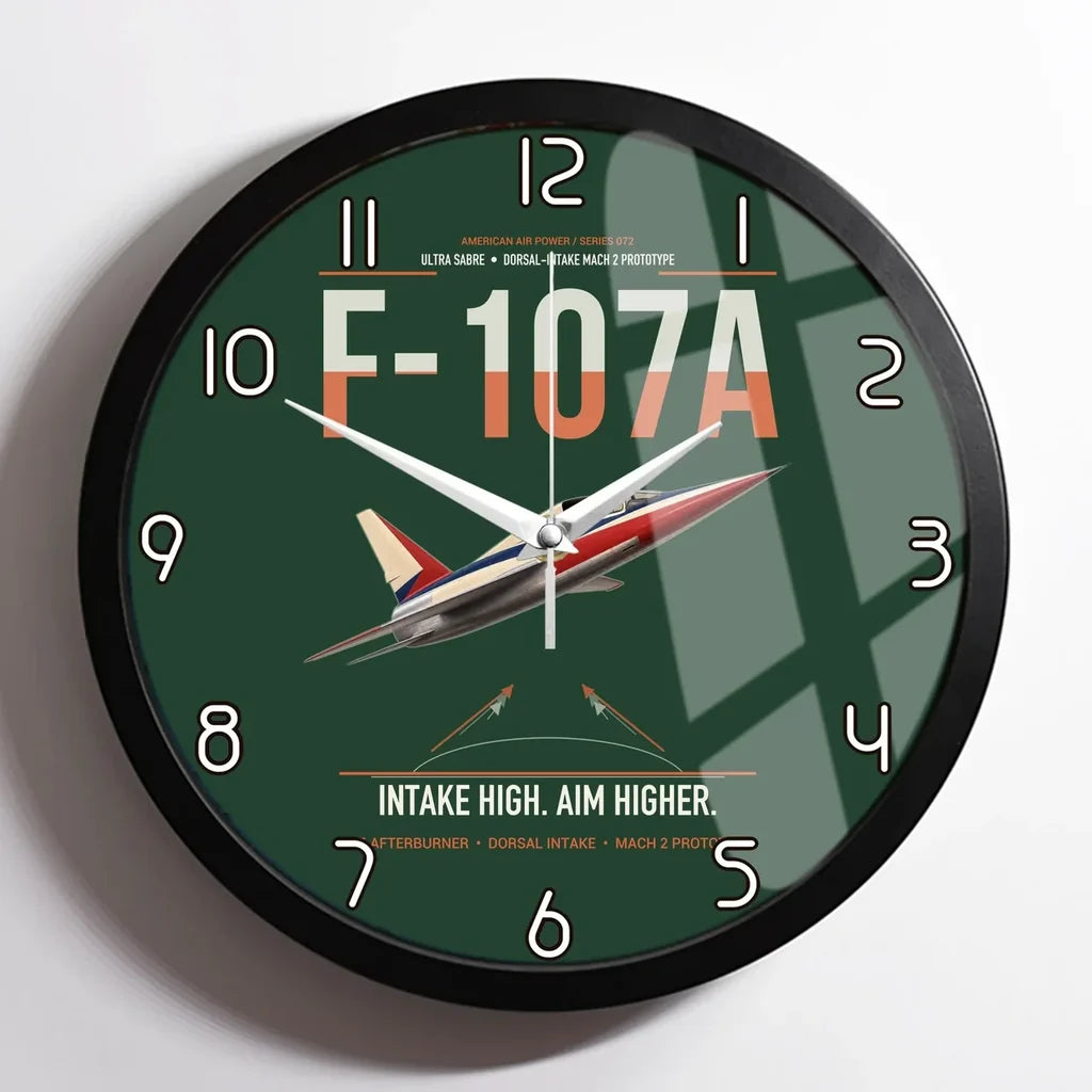 F-107A Ultra Sabre design on dark green framed wall clock