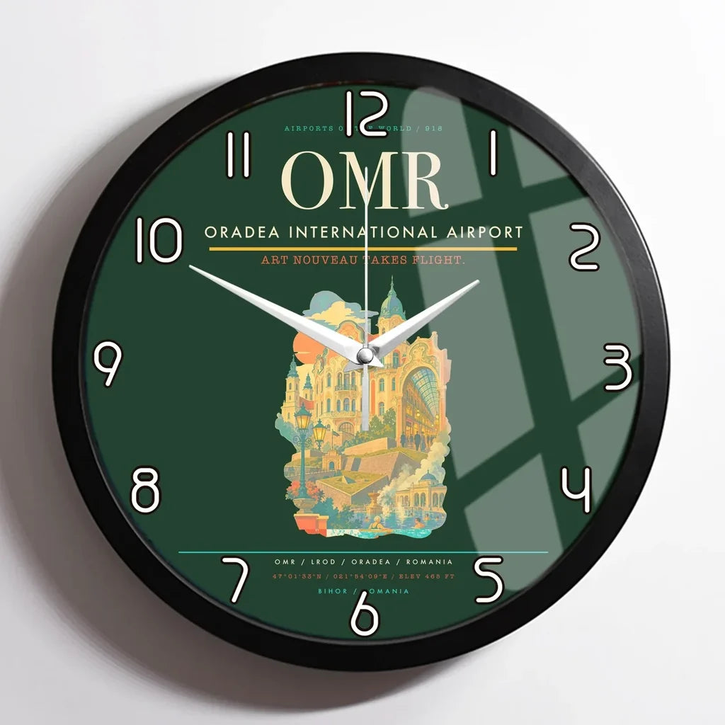 Oradea International Airport (OMR) design on dark green framed wall clock