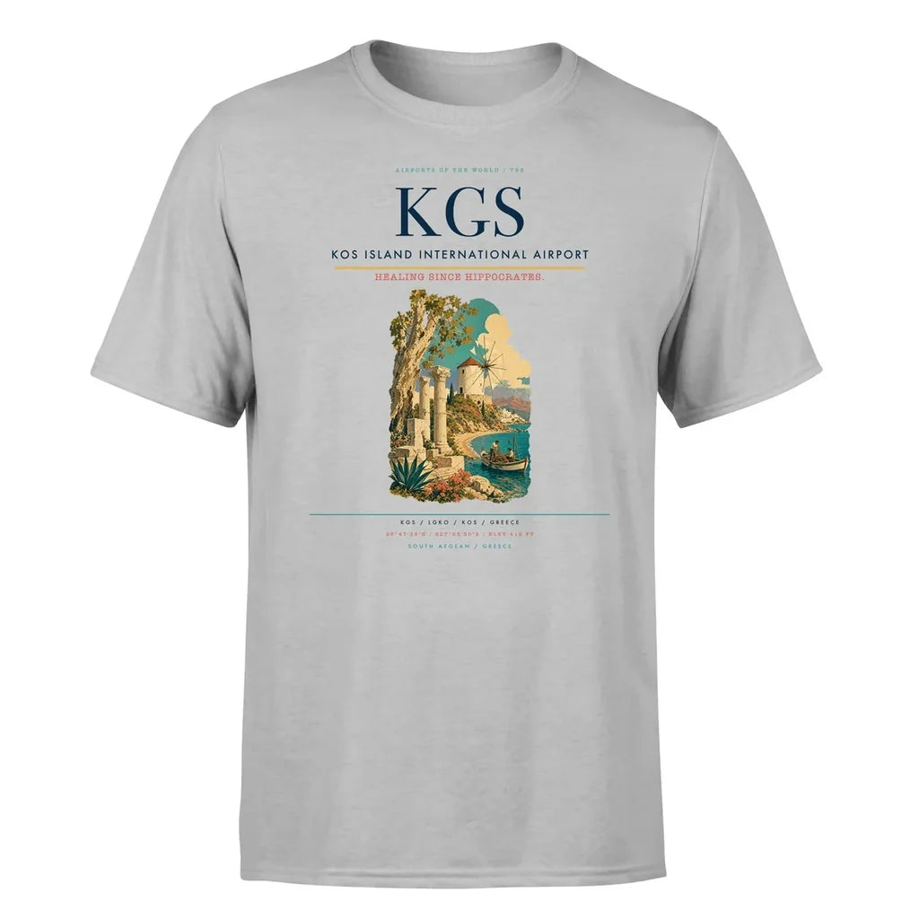 Kos Island International Airport (KGS) T-Shirt single-side front print in Light Gray | kos-island-international-airport-kgs-double-side-t-shirt
