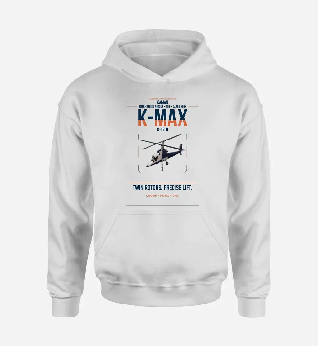 Kaman K-1200 K-MAX design on white double-side hoodie, single-side print