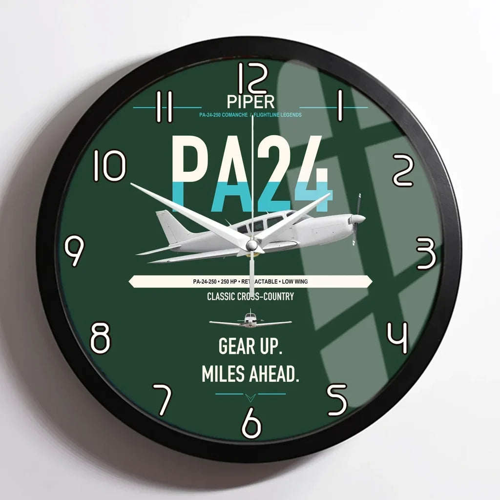 Piper PA-24-250 Comanche 250 design on dark green framed wall clock