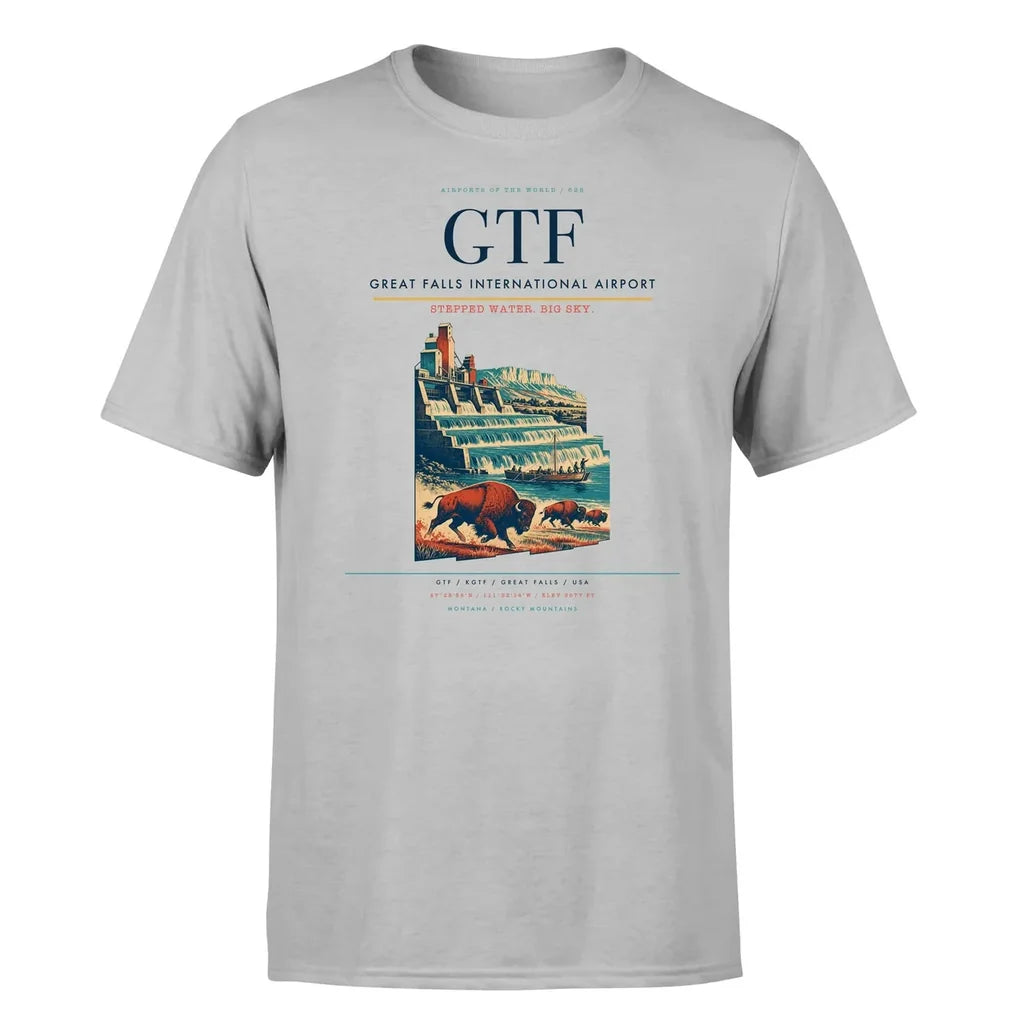 Great Falls International Airport (GTF) T-Shirt single-side front print in Light Gray | great-falls-international-airport-gtf-double-side-t-shirt