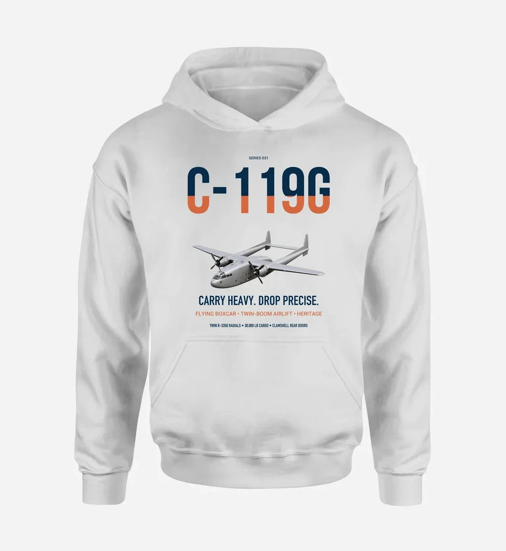 C-119G Flying Boxcar design on white double-side hoodie, single-side print