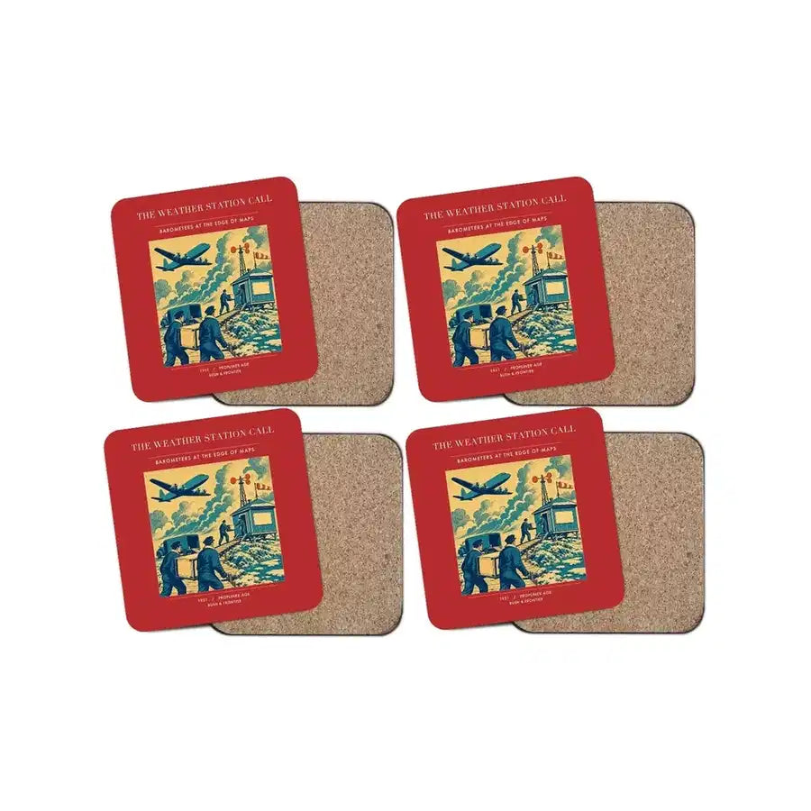 The Weather Station Call - Designed Coasters design on red 4-pieces-set