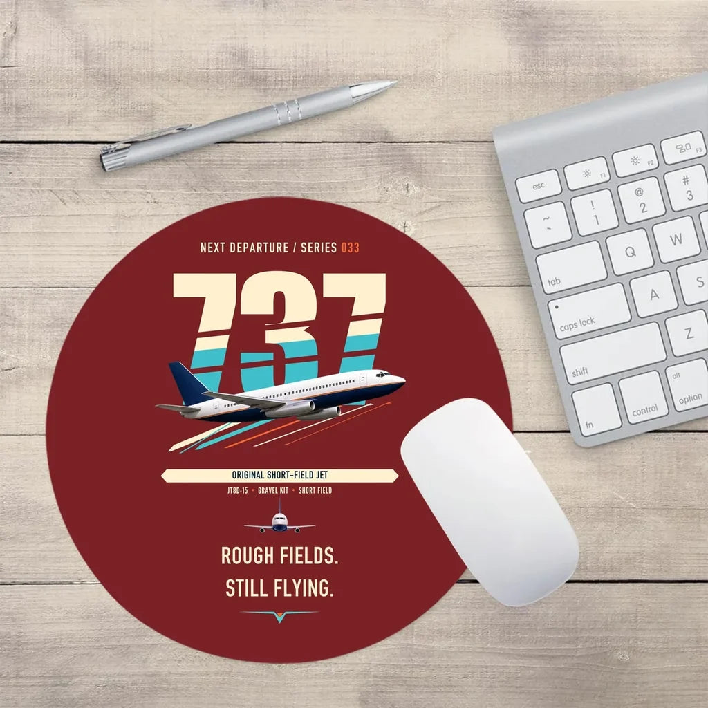 Boeing 737-200 design on dark red round mouse pad