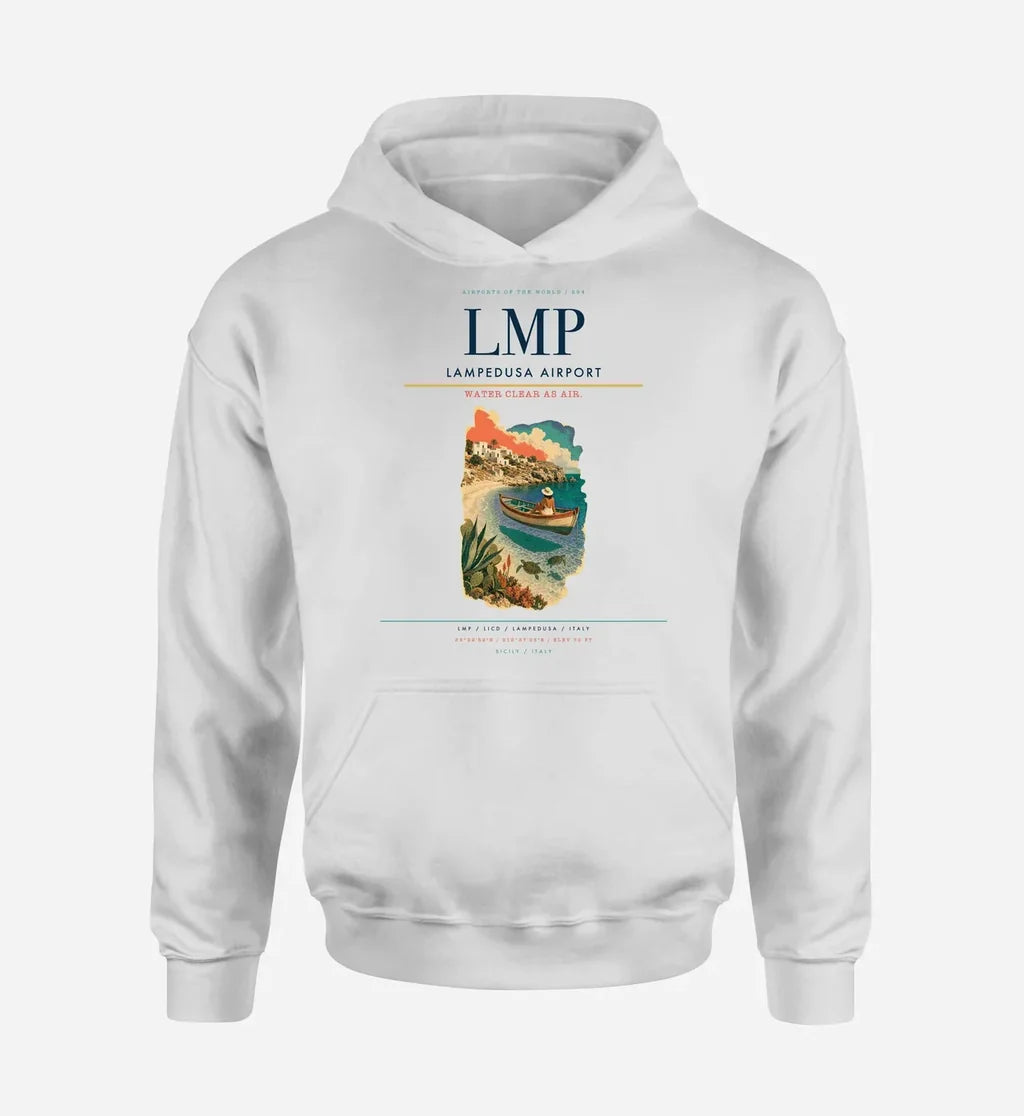 Lampedusa Airport (LMP) design on white hoodie single-side print