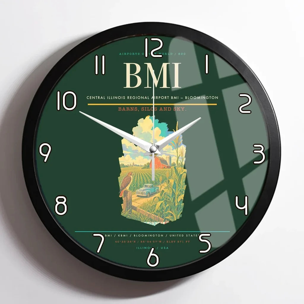 Central Illinois Regional Airport (BMI) design on dark green framed wall clock