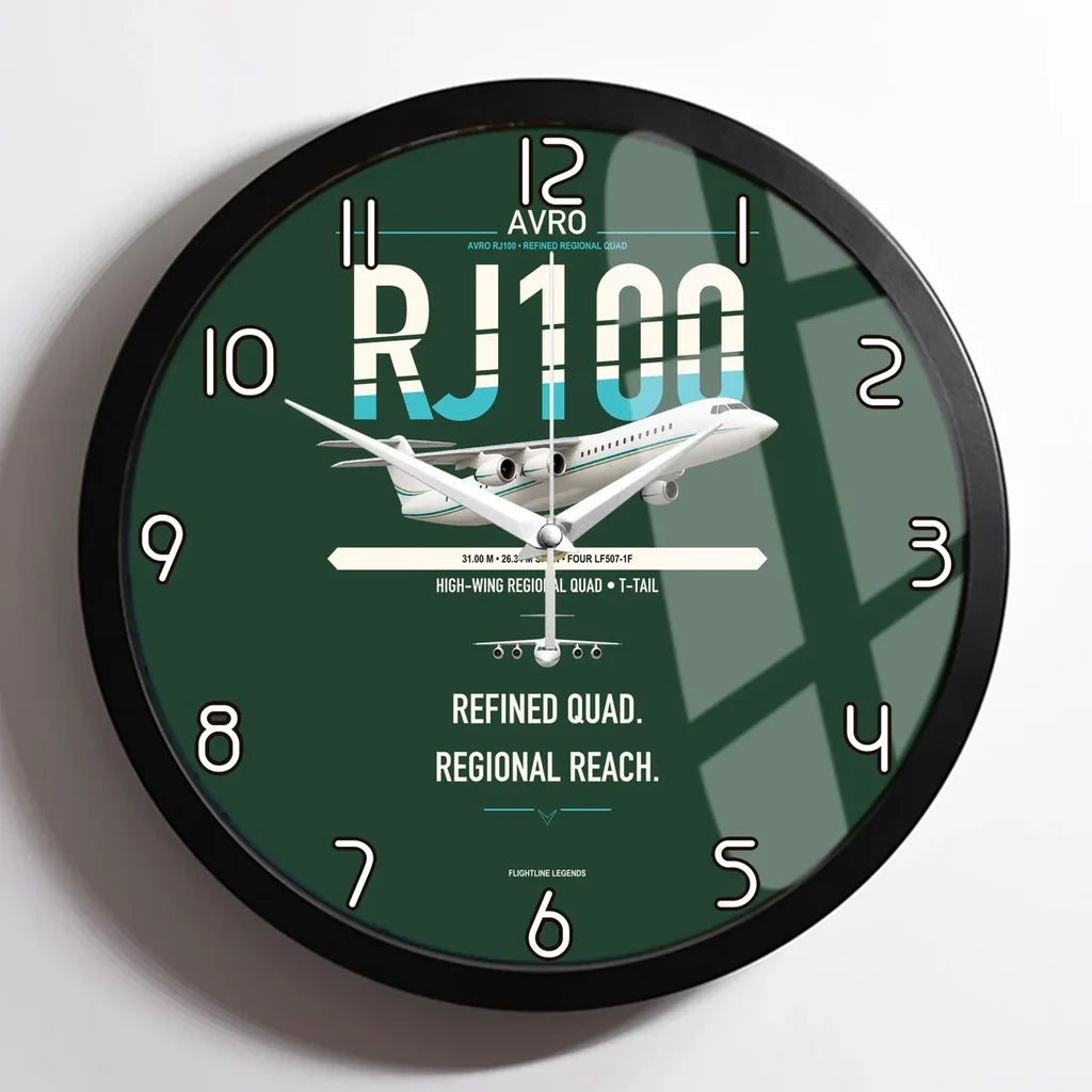 Avro RJ100 design on dark green framed wall clock