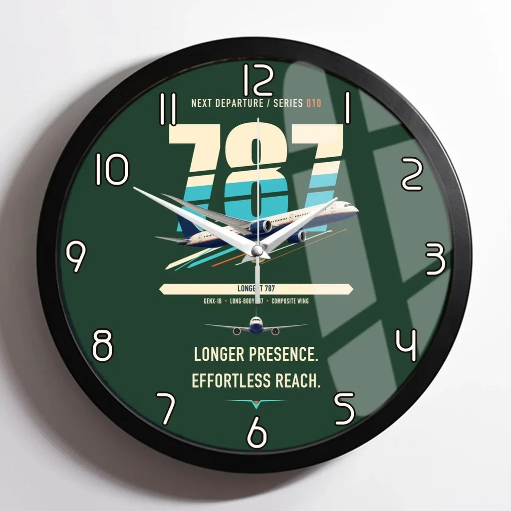 Boeing 787-10 Dreamliner design on dark green framed wall clock
