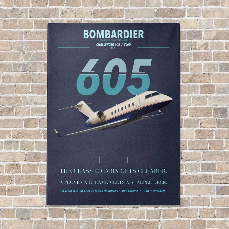 Bombardier Challenger 605 vertical canvas print - no frame - navy blue background