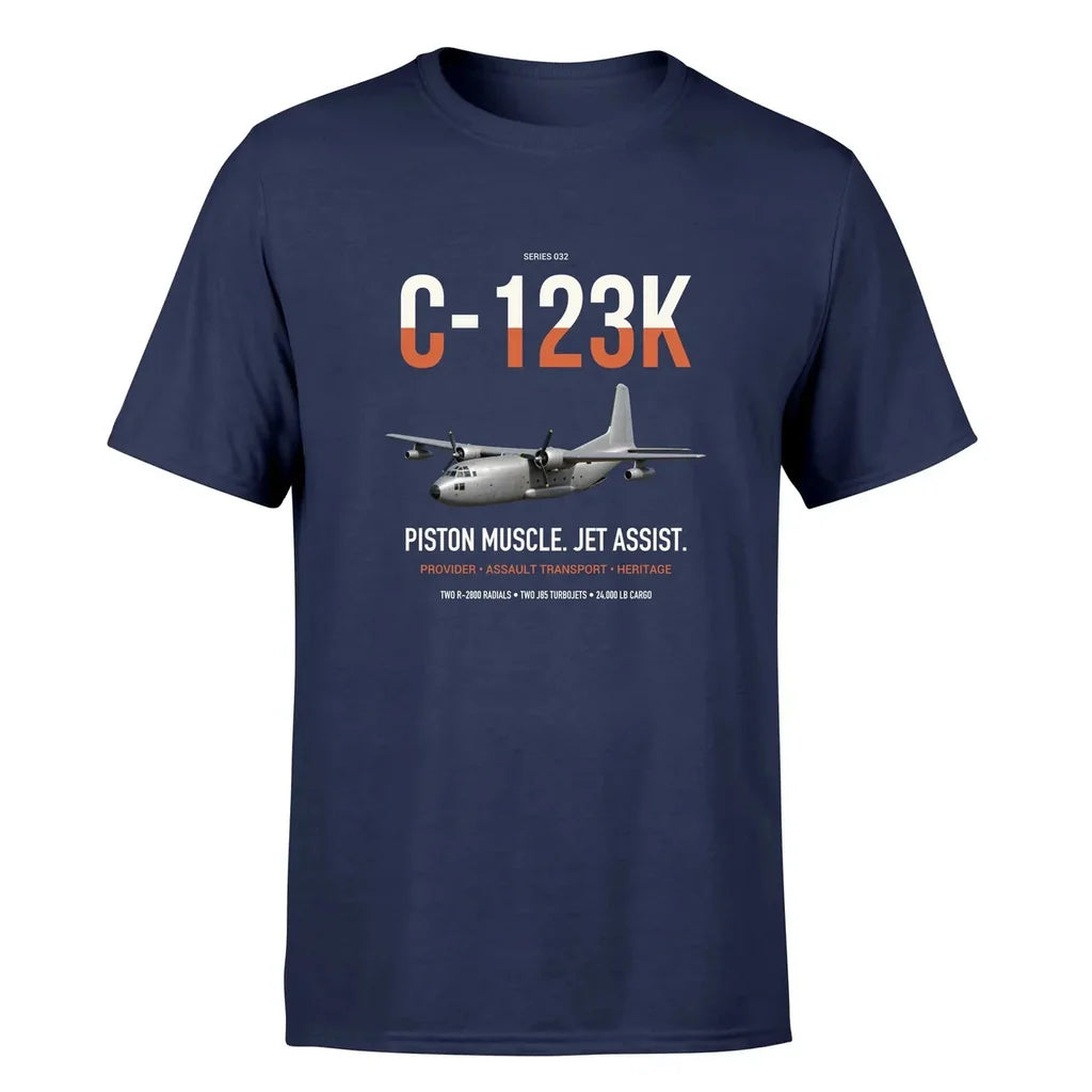 C-123K Provider design on navy blue double-side t-shirt, single-side print