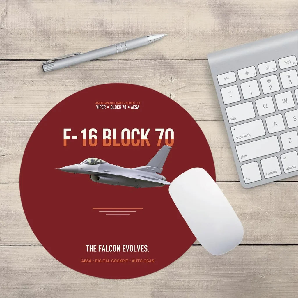 F-16 Block 70 The Falcon Evolves design on dark red round mouse pad