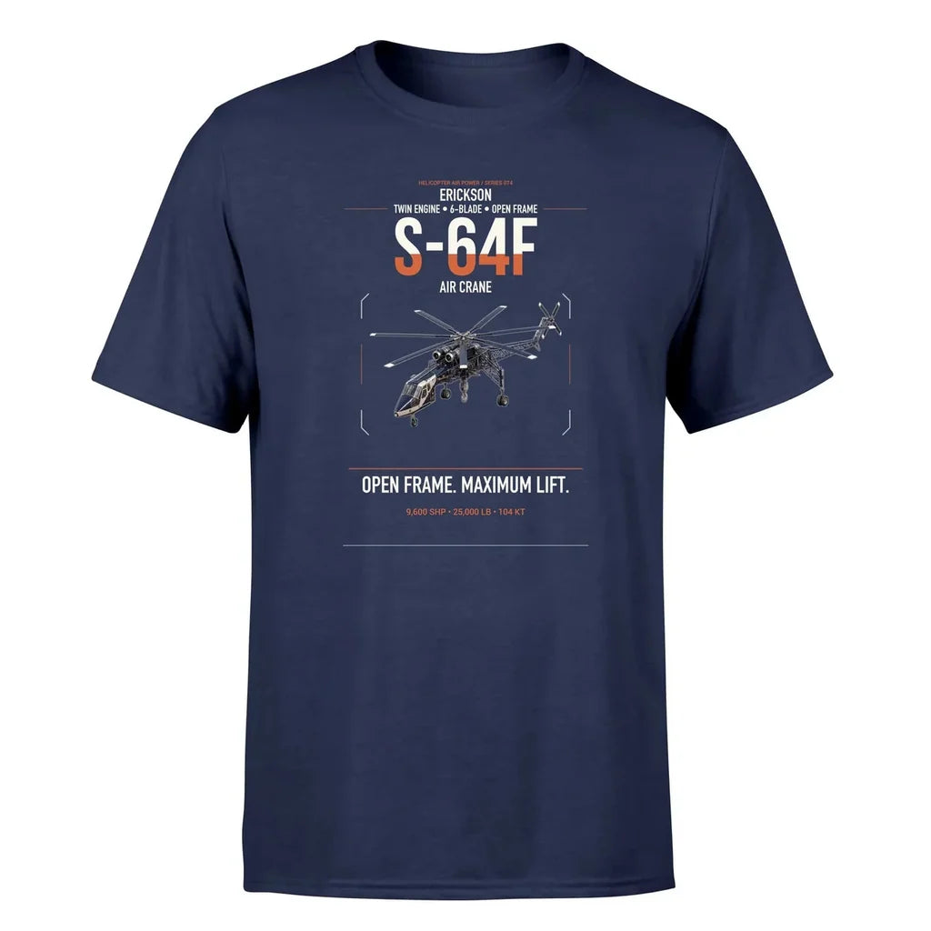 Erickson S-64F Air Crane design on navy blue t-shirt, single-side print