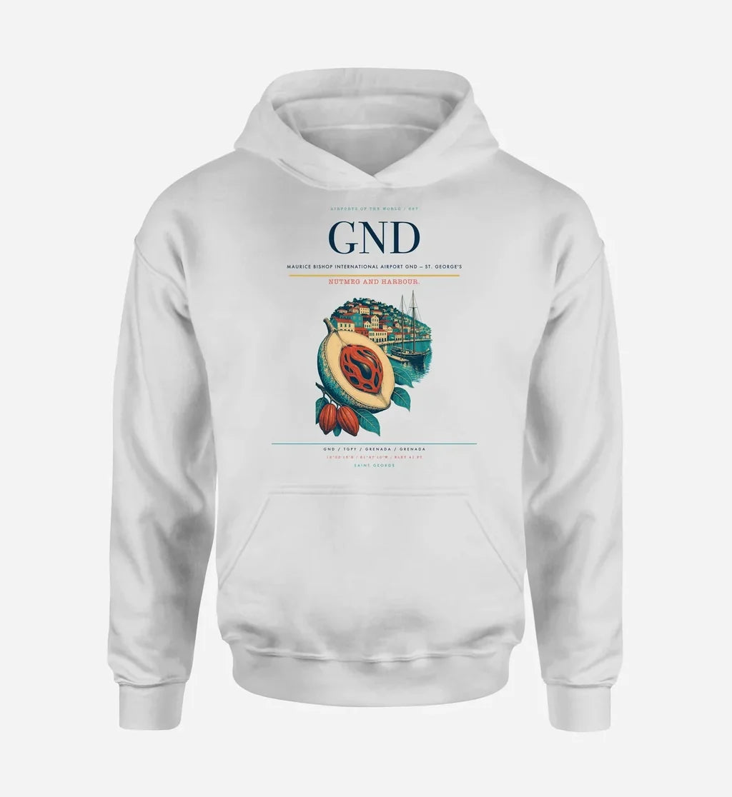 Maurice Bishop International Airport (GND) design on white hoodie single-side print