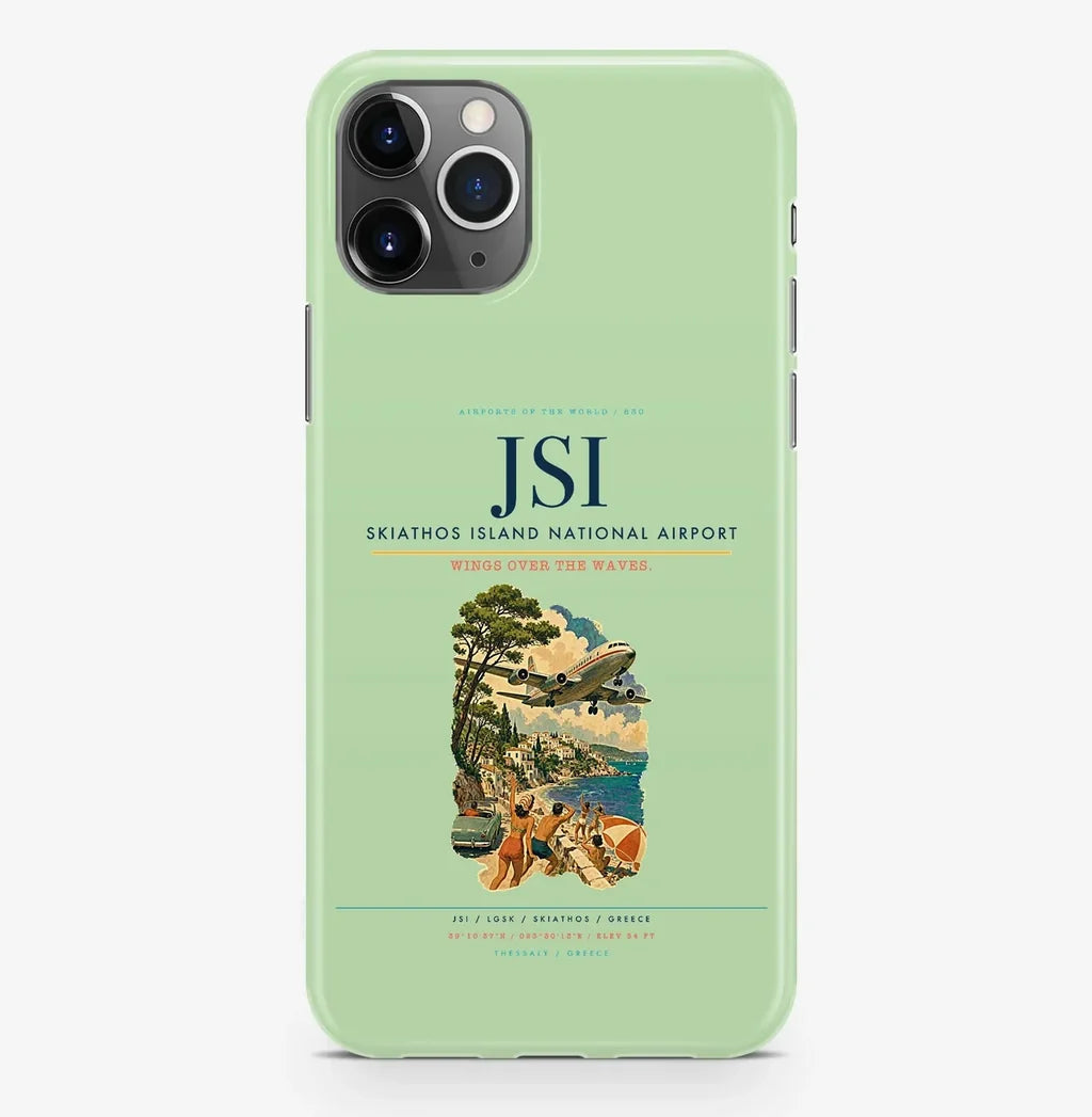 Skiathos Airport (JSI) design on light green iPhone 16 Pro MagSafe case