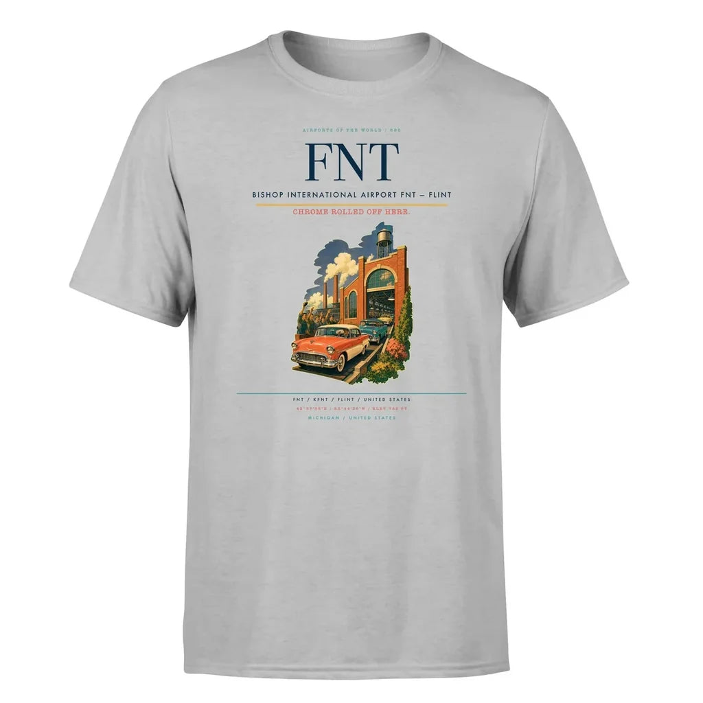 Bishop International Airport (FNT) T-Shirt single-side front print in Light Gray | bishop-international-airport-fnt-double-side-t-shirt