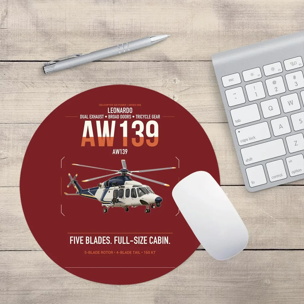Leonardo AW139 design on dark red round mouse pad