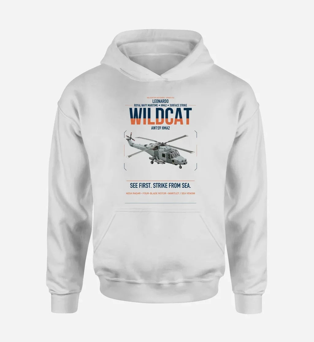 Leonardo AW159 Wildcat HMA2 design on white double-side hoodie, single-side print