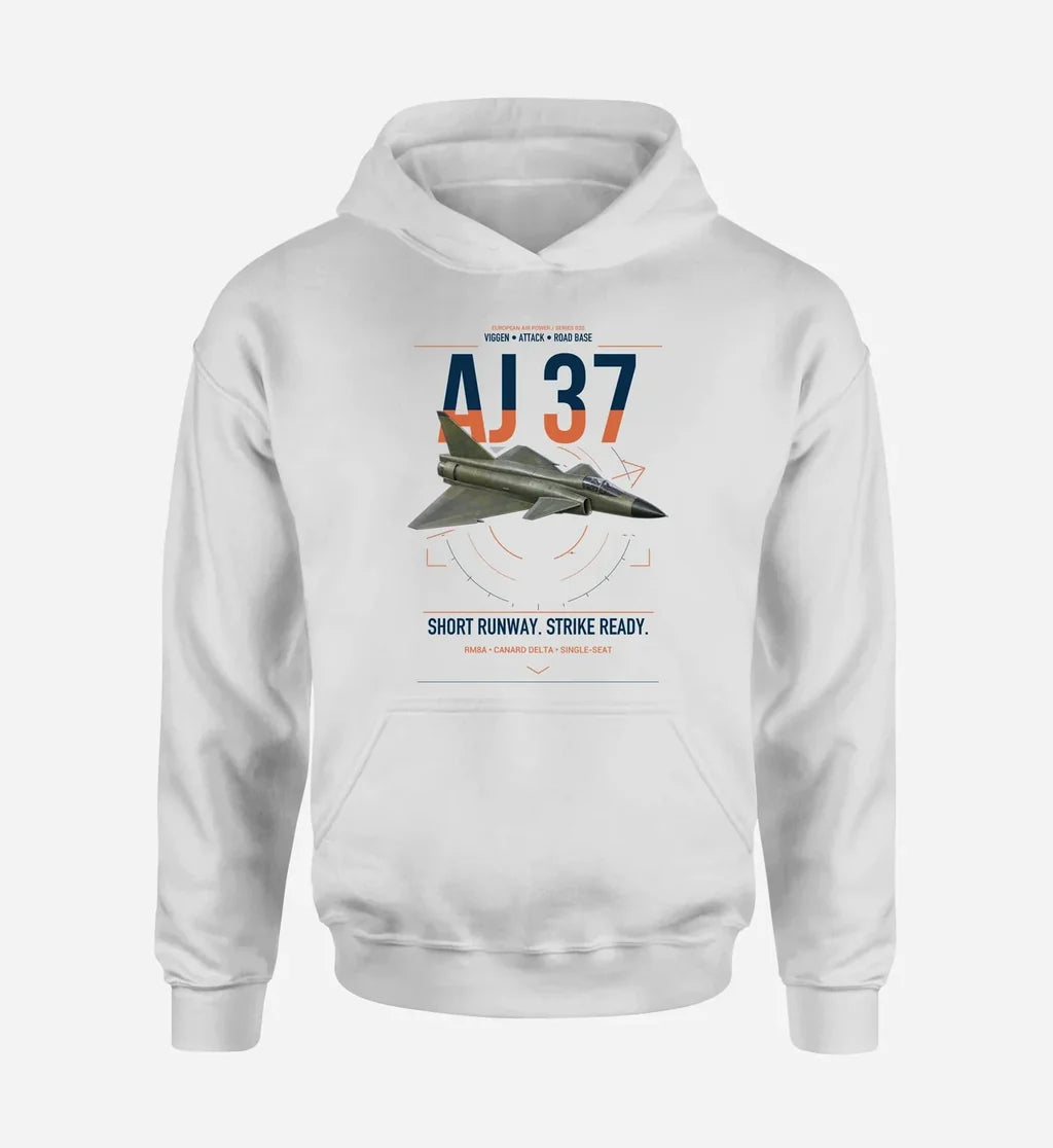 Saab AJ 37 Viggen design on white double-side hoodie, single-side print