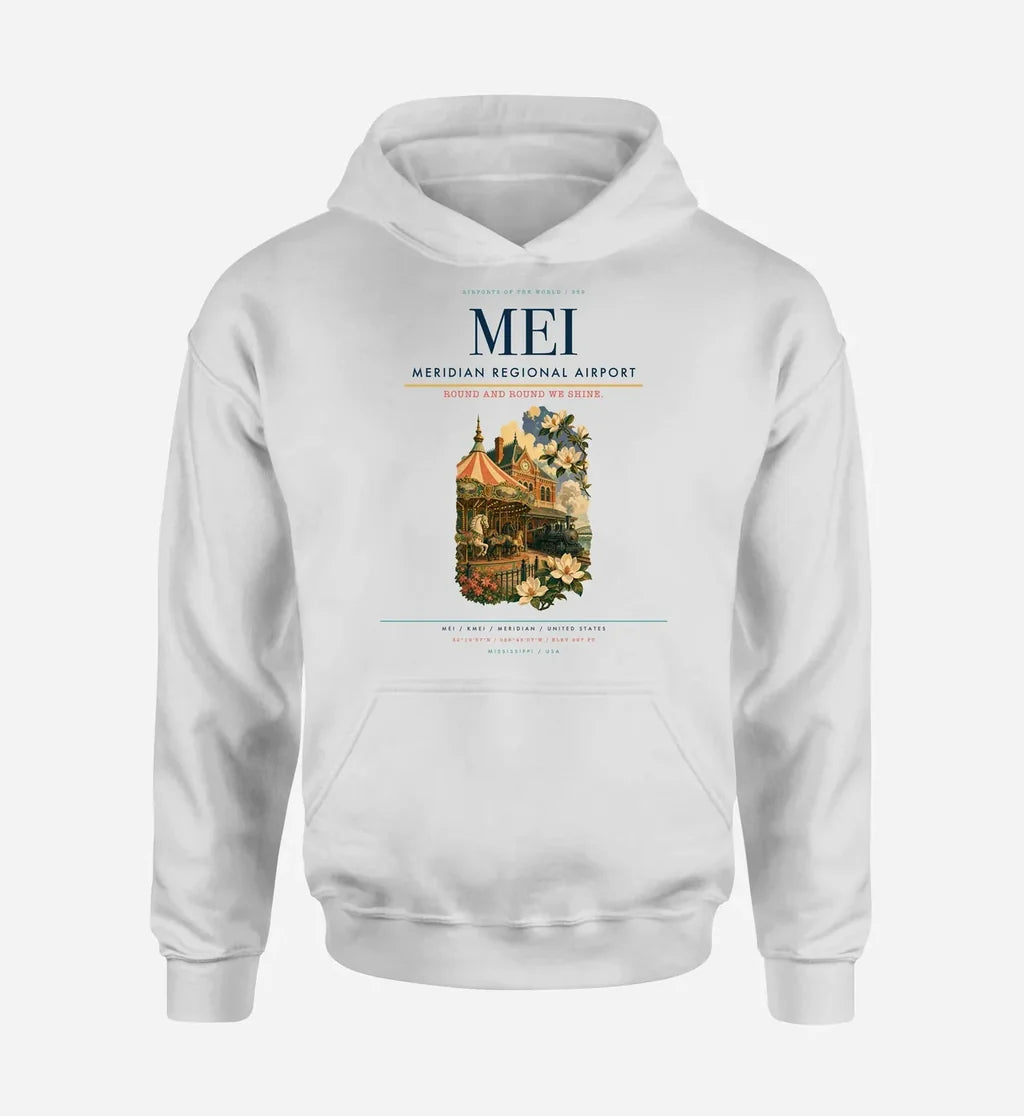 Meridian Regional Airport (MEI) design on white hoodie single-side print
