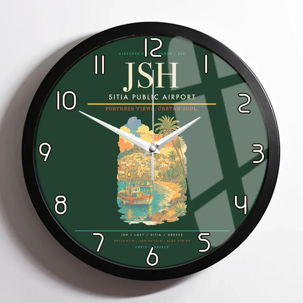 Sitia Public Airport (JSH) design on dark green framed wall clock