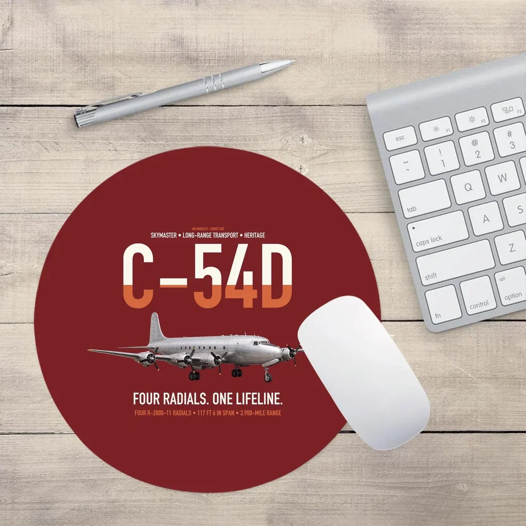 C-54D Skymaster design on dark red round mouse pad