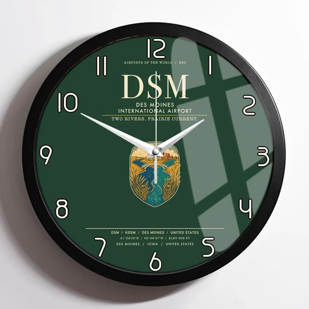 Des Moines International Airport (DSM) design on dark green framed wall clock