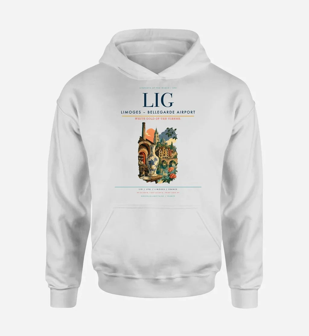 Limoges – Bellegarde Airport (LIG) design on white hoodie single-side print