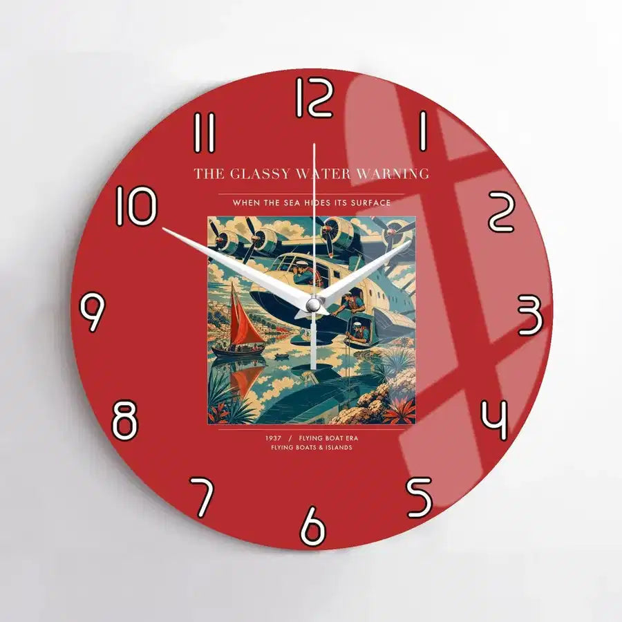 VINTAGE G4280 - The Glassy Water Warning - Designed Wall Clocks design on red no-frame