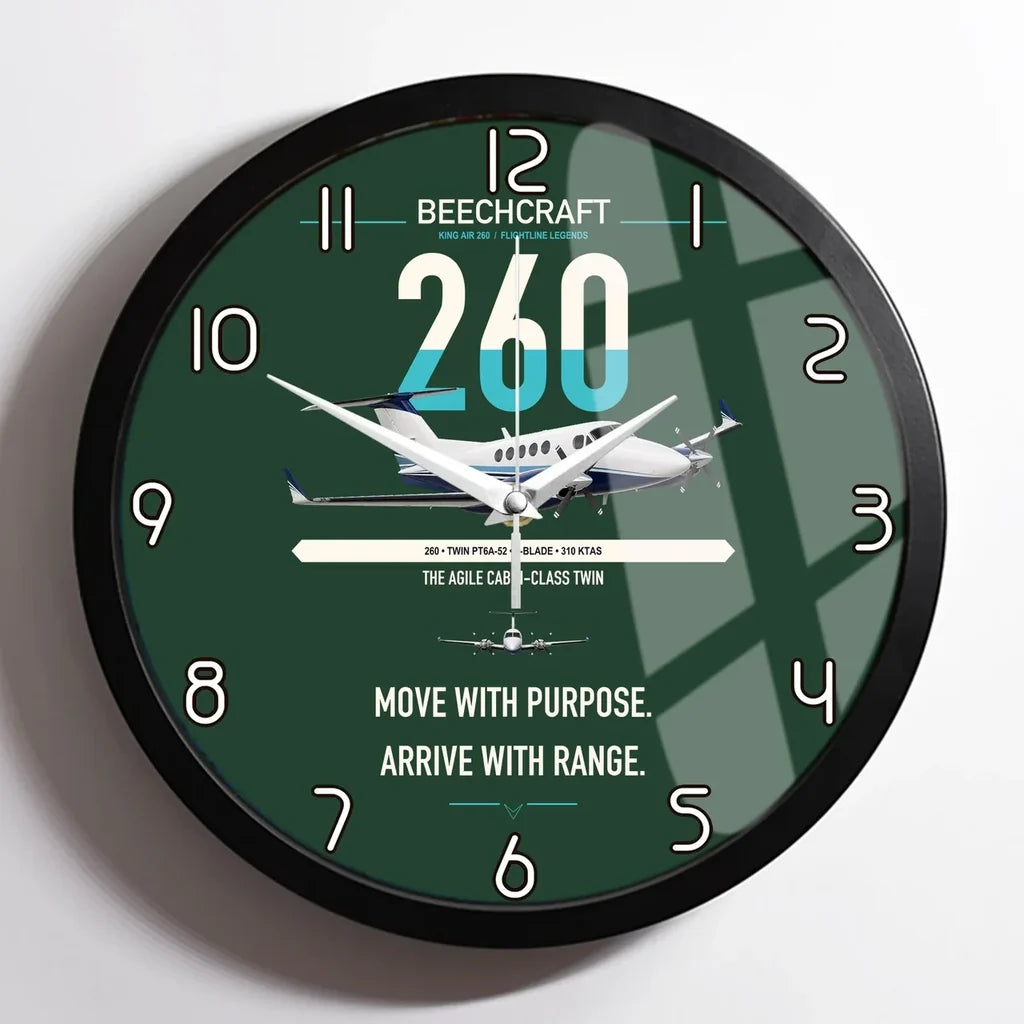 Beechcraft King Air 260 design on dark green framed wall clock
