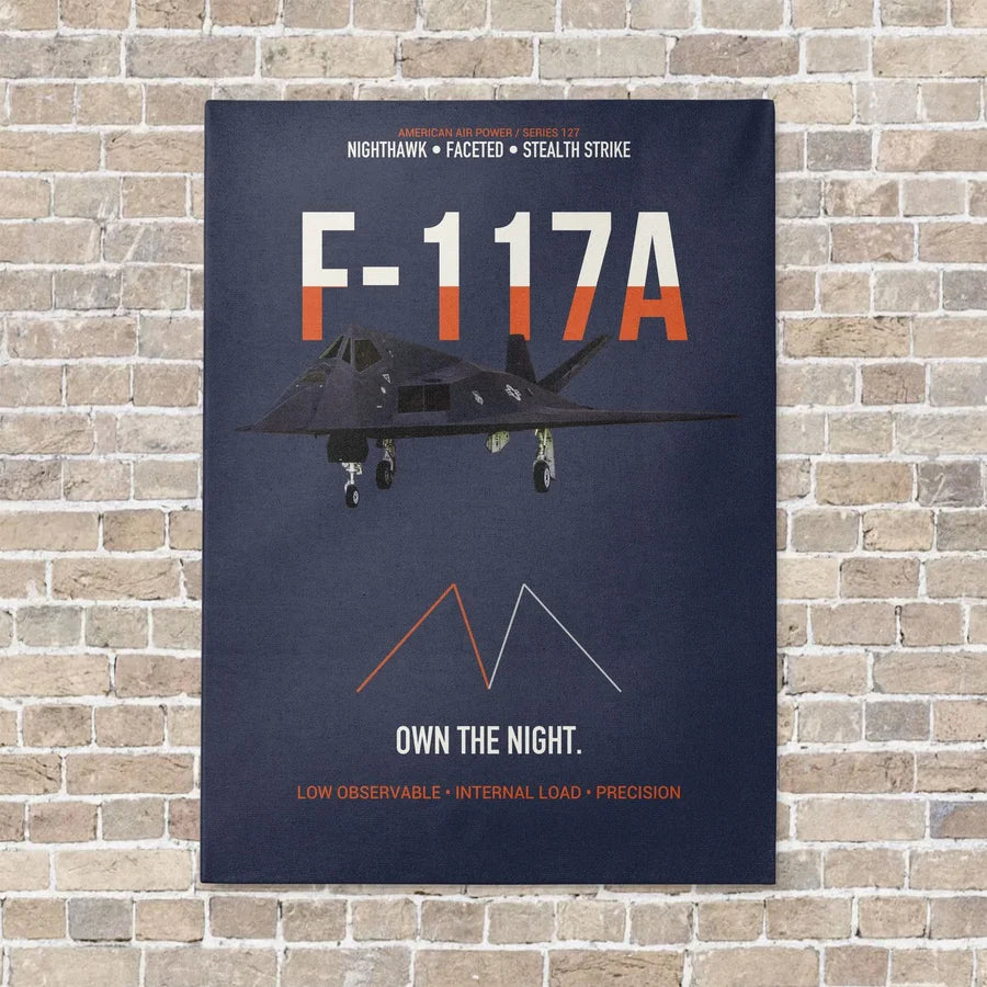 F-117A Nighthawk Own The Night vertical canvas print - no frame - navy blue background