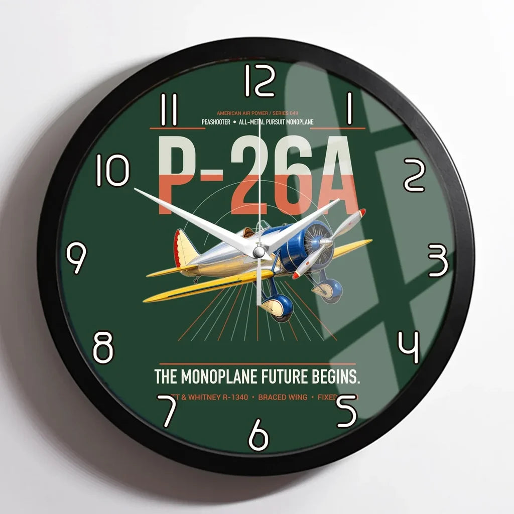 Boeing P-26A Peashooter design on dark green framed wall clock