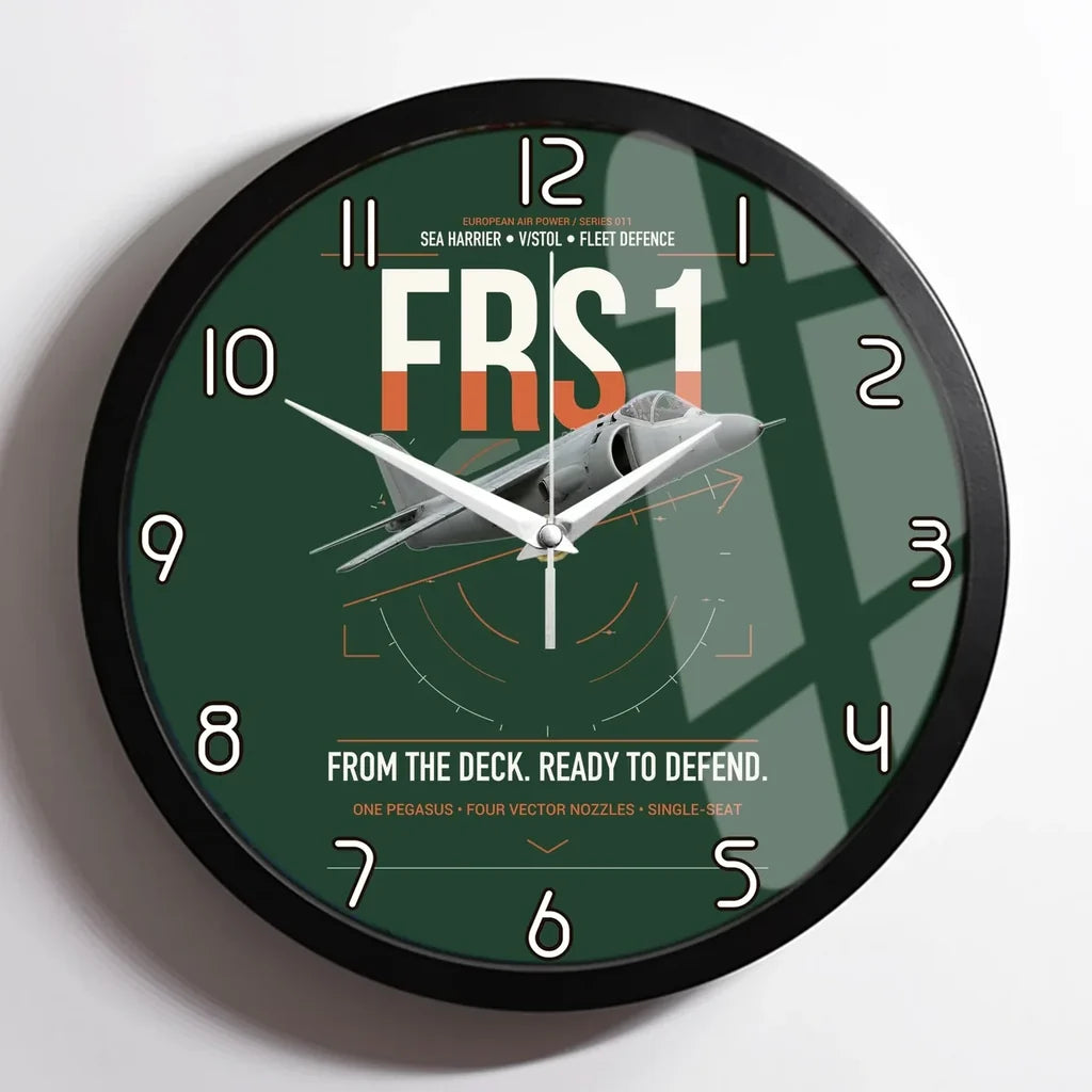 British Aerospace Sea Harrier FRS.1 design on dark green framed wall clock