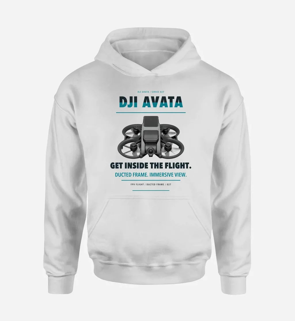 DJI Avata design on white hoodie single side