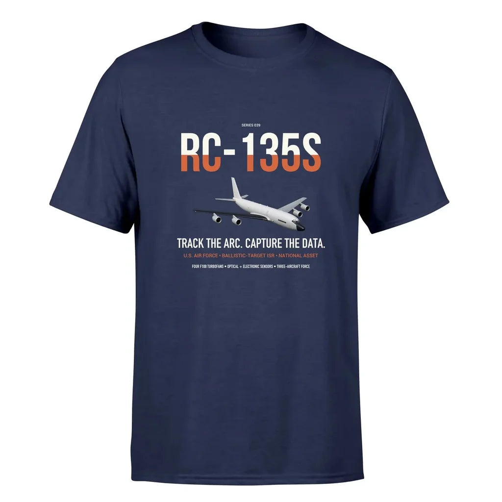 RC-135S Cobra Ball design on navy blue double-side t-shirt, single-side print
