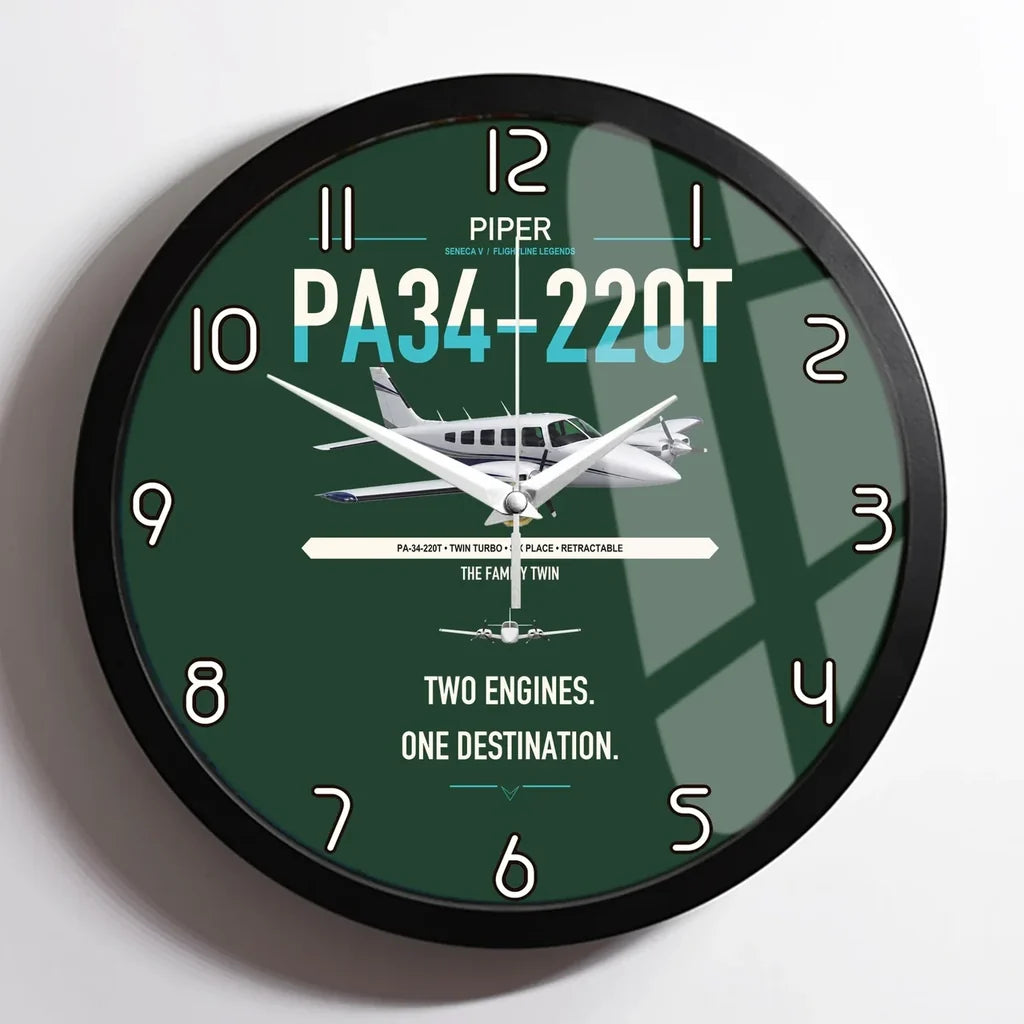 Piper PA-34-220T Seneca V design on dark green framed wall clock