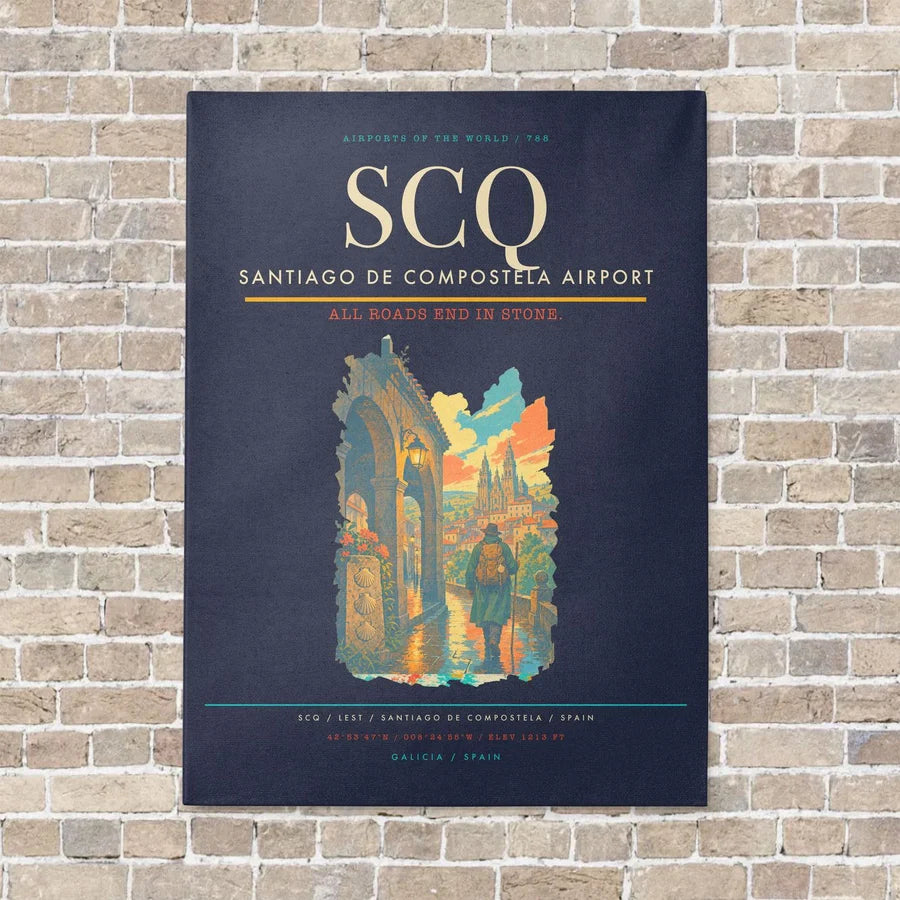 Santiago de Compostela Airport SCQ vertical canvas print - no frame - navy blue background