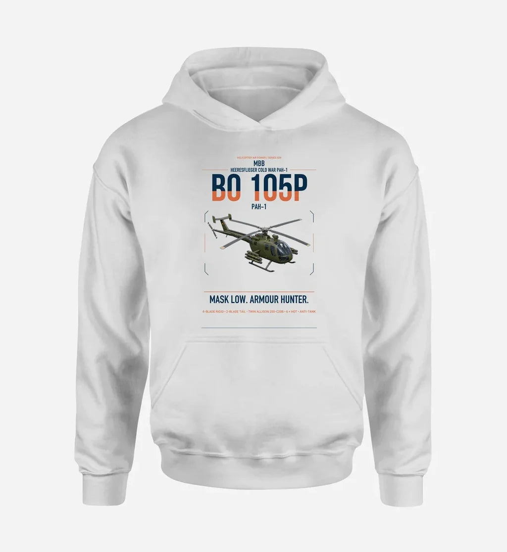 MBB BO 105P PAH-1 design on white double-side hoodie, single-side print