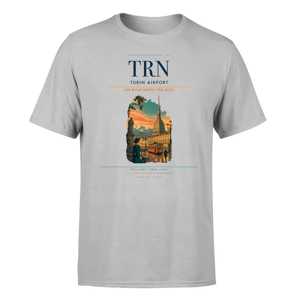 Turin Airport (TRN) T-Shirt single-side front print in Light Gray | turin-airport-trn-double-side-t-shirt