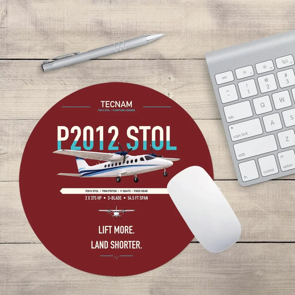 Tecnam P2012 STOL design on dark red round mouse pad