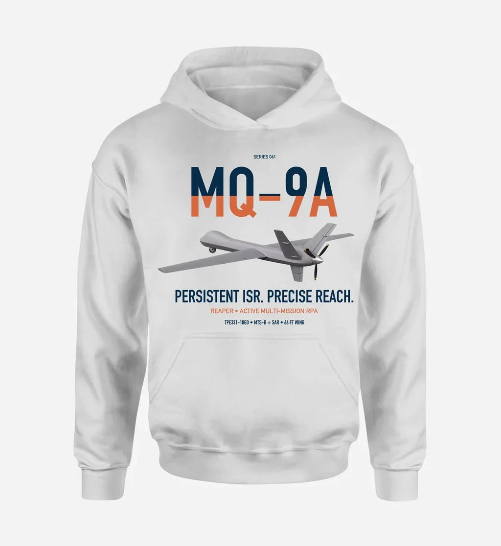 MQ-9A Reaper design on white double-side hoodie, single-side print