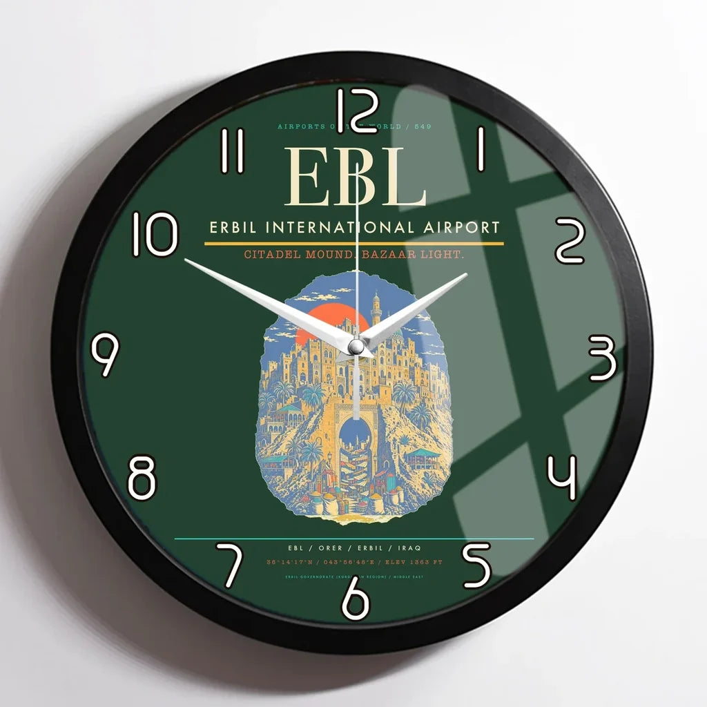 Erbil International Airport (EBL) design on dark green framed wall clock