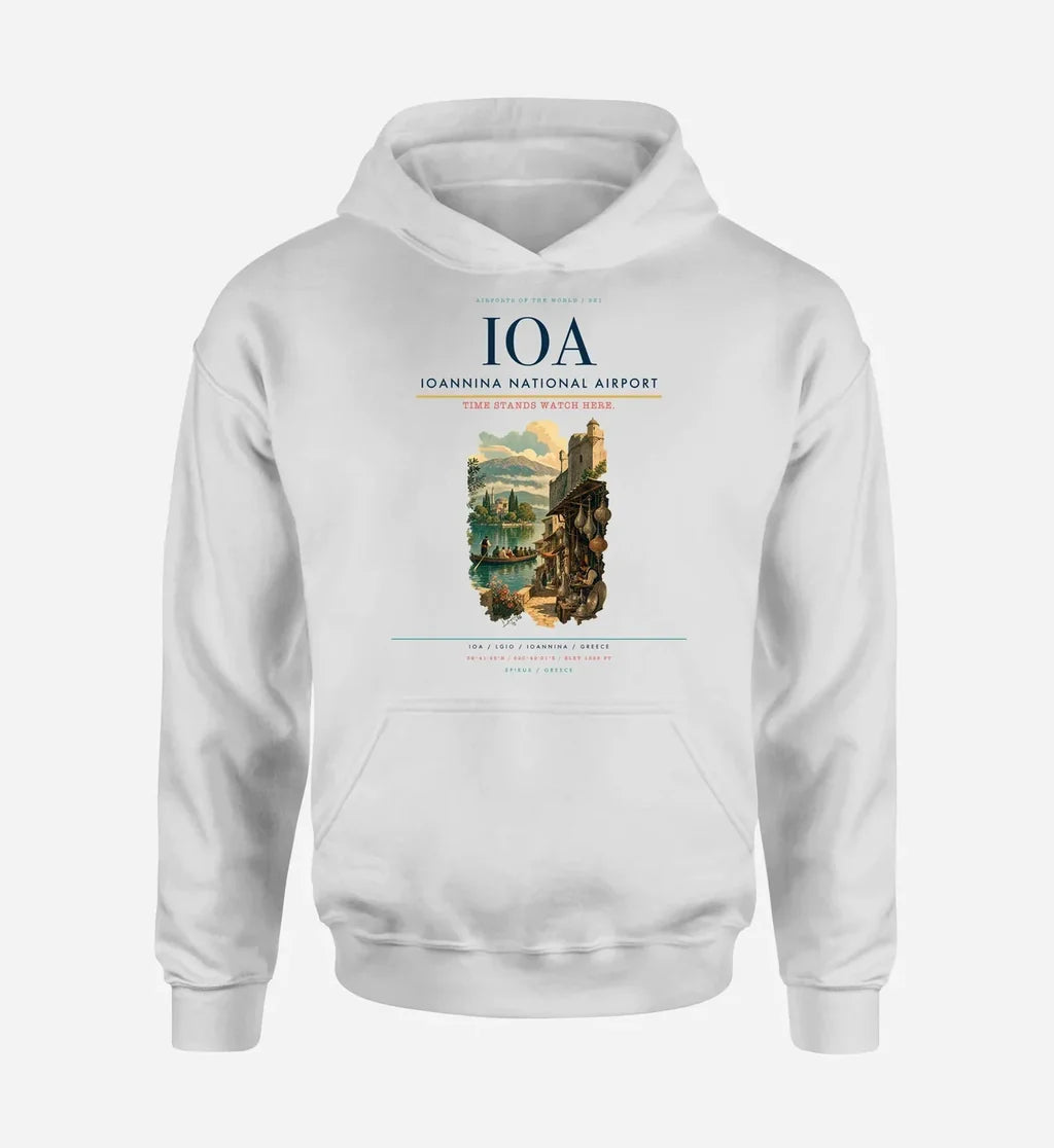 Ioannina National Airport (IOA) design on white hoodie single-side print