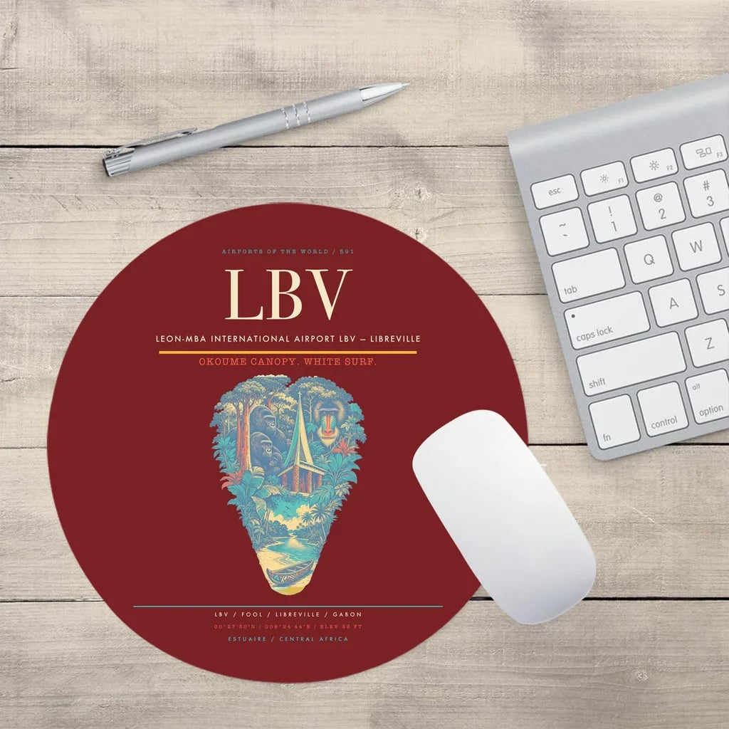 Leon-Mba International Airport (LBV) design on dark red round mouse pad
