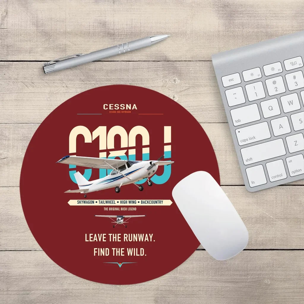 Cessna 180J Skywagon design on dark red round mouse pad