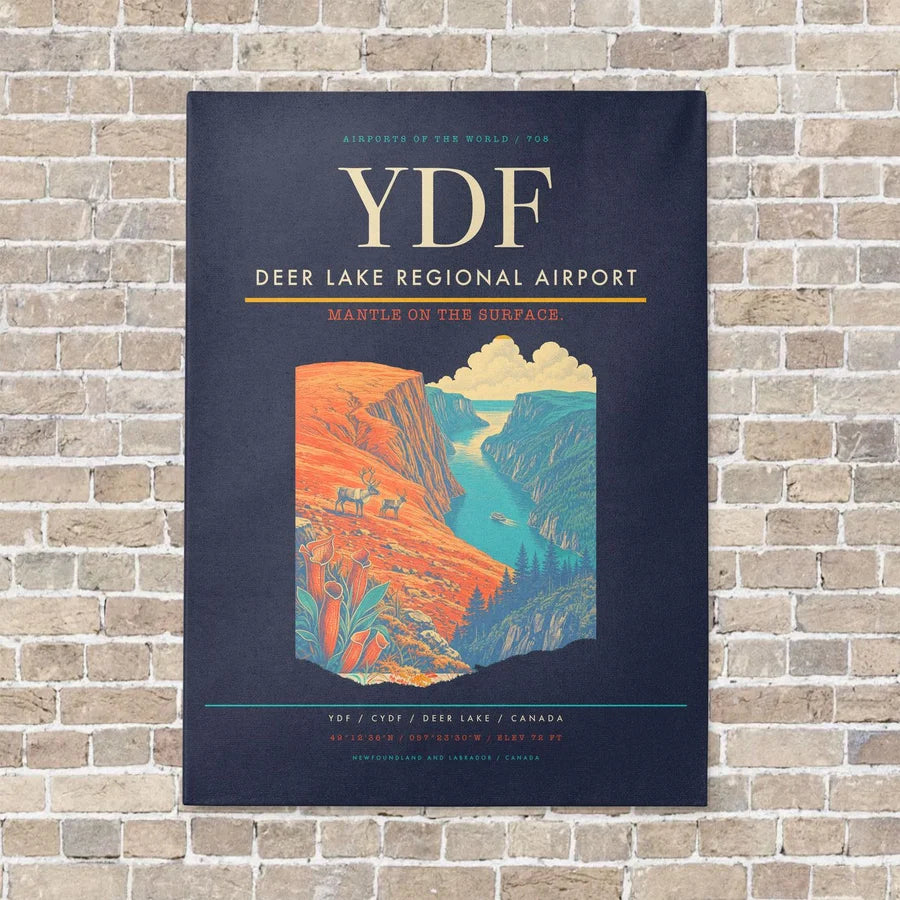 Deer Lake Regional Airport YDF vertical canvas print - no frame - navy blue background
