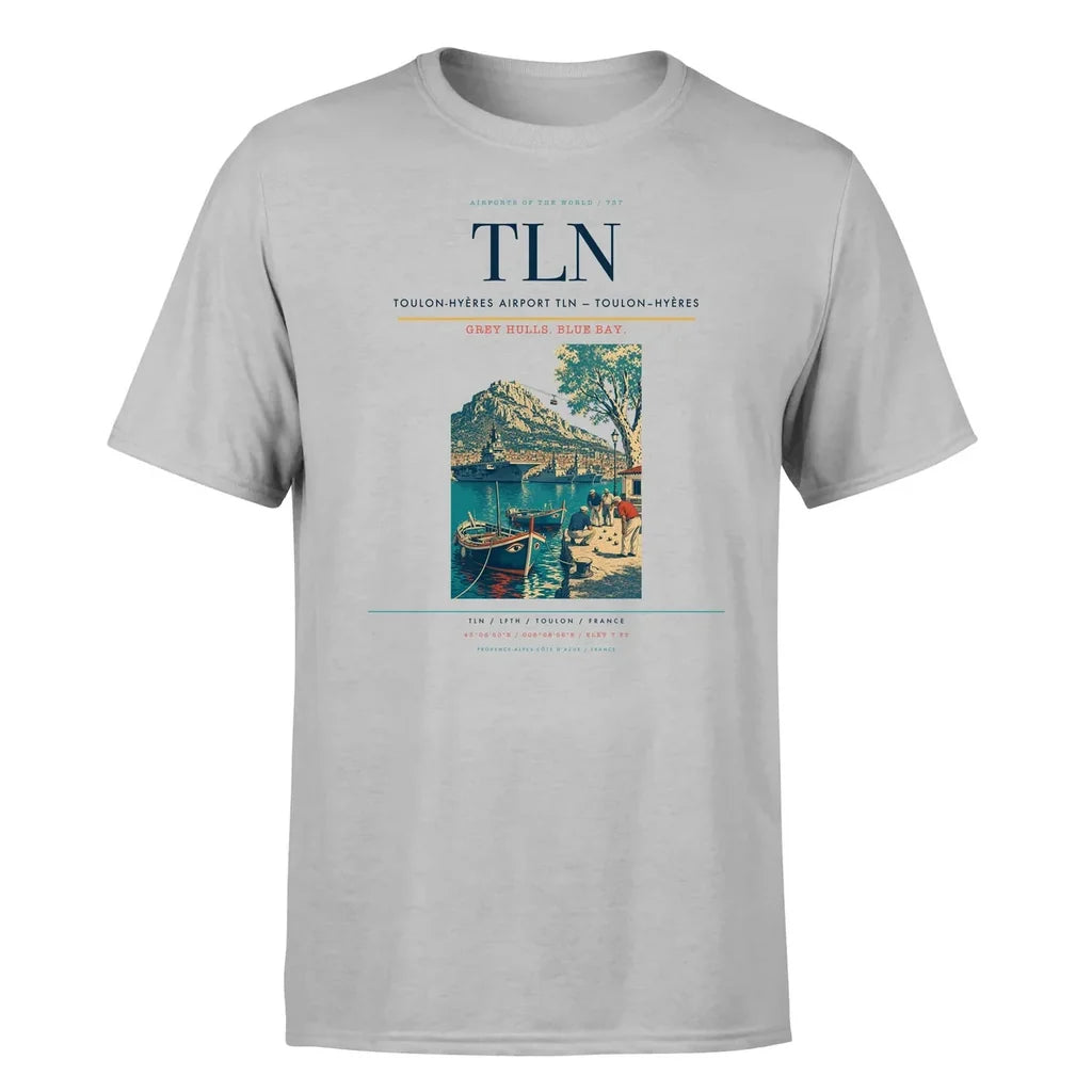Toulon-Hyères Airport (TLN) T-Shirt single-side front print in Light Gray | toulon-hyères-airport-tln-double-side-t-shirt