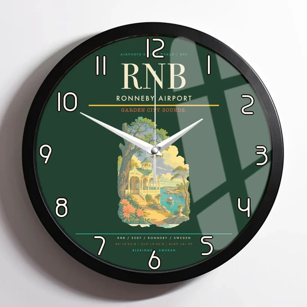 Ronneby Airport (RNB) design on dark green framed wall clock